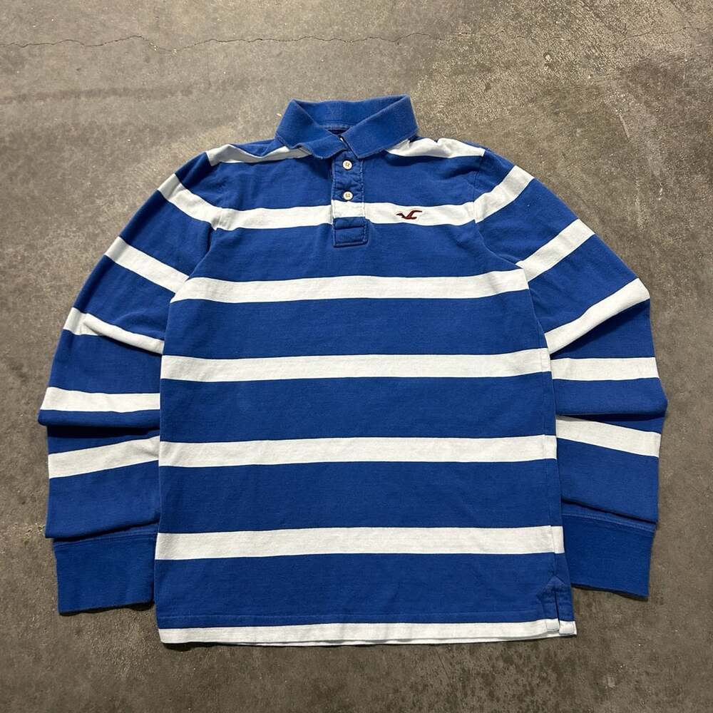 Hollister Blue and White Striped Long Sleeve Polo Rugby Shirt Size M